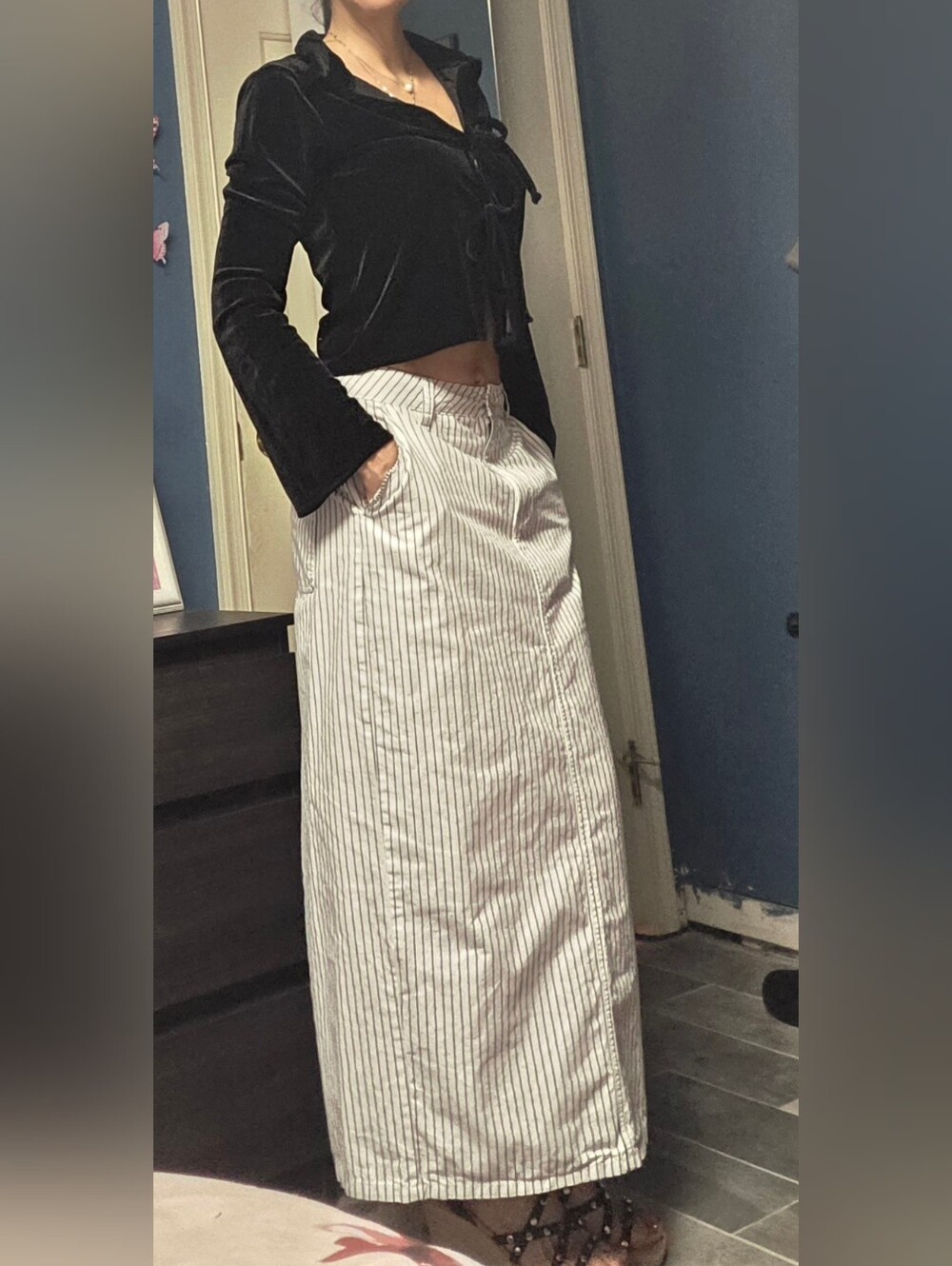 Striped White Midi Skirt with Pockets